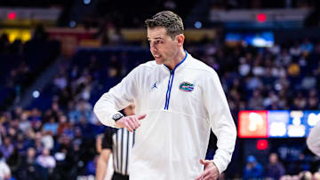 Feb 22, 2025; Baton Rouge, Louisiana, USA;  Florida Gators head coach Todd Golden gives direction against the LSU Tigers during the first half at Pete Maravich Assembly Center. Mandatory Credit: Stephen Lew-Imagn Images
