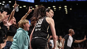 Oct 13, 2024; Brooklyn, New York, USA; New York Liberty forward Breanna Stewart (30) celebrates after scoring in the third quarter against the Minnesota Lynx during game two of the 2024 WNBA Finals at Barclays Center. Mandatory Credit: Wendell Cruz-Imagn Images