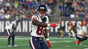 Aug 10, 2023; Foxborough, Massachusetts, USA; Houston Texans wide receiver Steven Sims (82) checks his position during the first half against the New England Patriots at Gillette Stadium. Mandatory Credit: Eric Canha-Imagn Images