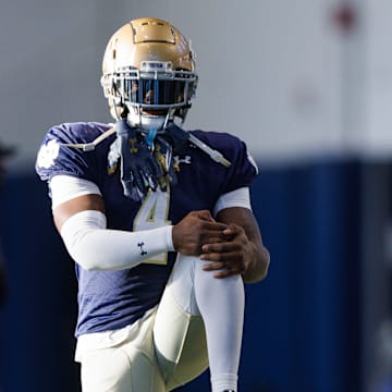 Notre Dame running back Jeremiyah Love during a Notre Dame football spring practice at Irish Athletic Center on Wednesday, March 26, 2025, in South Bend.