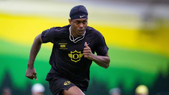Oregon wide receiver Malik Benson runs during Oregon Pro Day on March 17, 2026, at the Moshofsky Center in Eugene, Oregon.