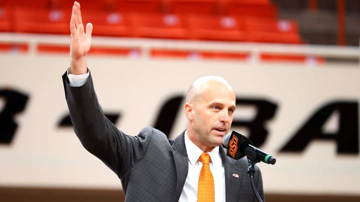 New Oklahoma State University head men's basketball coach Steve Lutz speaks during an introduction ceremony of the at Gallagher-Iba Arena in Stillwater, Okla., Thursday, April 4, 2024.