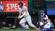 Jun 19, 2024; Arlington, Texas, USA; New York Mets right fielder Starling Marte (6) hits an rbi double during the fourth inning against the Texas Rangers at Globe Life Field. Mandatory Credit: Kevin Jairaj-USA TODAY Sports