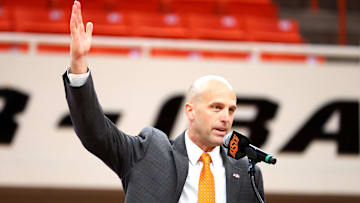 New Oklahoma State University head men's basketball coach Steve Lutz speaks during an introduction