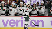 Jan 26, 2025; Chicago, Illinois, USA; Minnesota Wild center Joel Eriksson Ek (14) celebrates his goal against the Chicago Blackhawks during the second period at United Center. Mandatory Credit: David Banks-Imagn Images