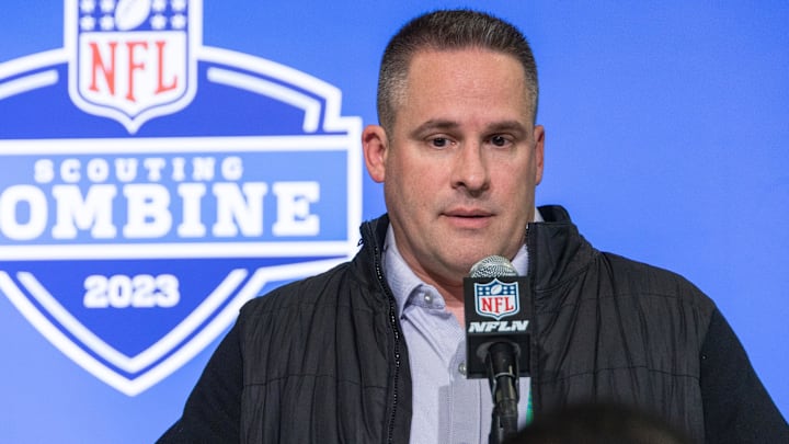 Feb 28, 2023; Indianapolis, IN, USA; Las Vegas Raiders coach Josh McDaniels speaks to the press at the NFL Combine at Lucas Oil Stadium. Mandatory Credit: Trevor Ruszkowski-Imagn Images