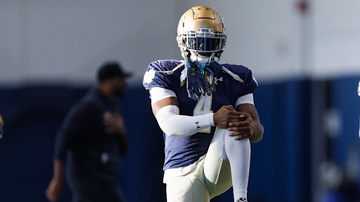 Notre Dame running back Jeremiyah Love during a Notre Dame football spring practice at Irish Athletic Center. Notre Dame running back Jeremiyah Love during a Notre Dame football spring practice at Irish Athletic Center.