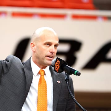 New Oklahoma State University head men's basketball coach Steve Lutz speaks during an introduction ceremony of the at Gallagher-Iba Arena in Stillwater, Okla., Thursday, April 4, 2024.