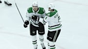 Dallas Stars left wing Jason Robertson and defenseman Miro Heiskanen