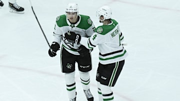 Dallas Stars left wing Jason Robertson and defenseman Miro Heiskanen