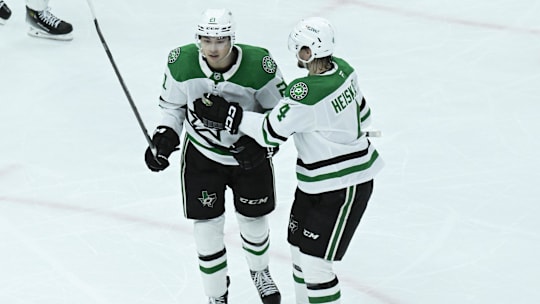 Dallas Stars left wing Jason Robertson and defenseman Miro Heiskanen