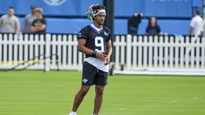 Jul 24, 2024; Charlotte, NC, USA; Carolina Panthers quarterback Bryce Young (9) looks on at Carolina Panthers Practice Fields. Mandatory Credit: Jim Dedmon-USA TODAY Sports