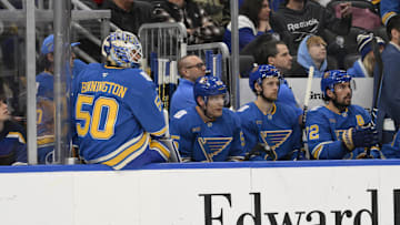 Jan 25, 2025; St. Louis, Missouri, USA; St. Louis Blues goaltender Jordan Binnington (50) looks on from the bench during the third period of a hockey game against the Dallas Stars at Enterprise Center. Mandatory Credit: Jeff Le-Imagn Images