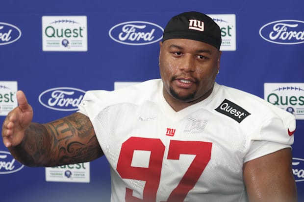 New York Giants defensive tackle Dexter Lawrence II talks with media during training camp