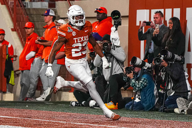 Texas running back Jaydon Blue celebrates a touchdown during the game against Clemson.