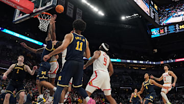 Mar 15, 2025; Indianapolis, IN, USA; Michigan Wolverines guard Tre Donaldson (3) makes the game-winning layup during the second half against the Maryland Terrapins at Gainbridge Fieldhouse. Mandatory Credit: Robert Goddin-Imagn Images