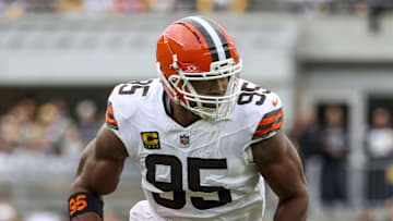 Oct 12, 2025; Pittsburgh, Pennsylvania, USA; Cleveland Browns defensive end Myles Garrett (95) reacts during the third quarter at Acrisure Stadium. Mandatory Credit: Charles LeClaire-Imagn Images