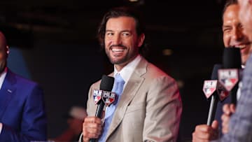 Jul 13, 2025; Atlanta, GA, USA; Tennessee Volunteers head coach Tony Vitello speaks with MLB Network during the MLB Draft at The Coca-Cola Roxy. Mandatory Credit: Brett Davis-Imagn Images