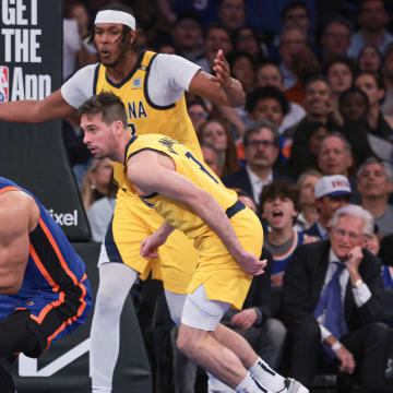 May 14, 2024; New York, New York, USA; New York Knicks guard Josh Hart (3) looks pass in front of Indiana Pacers guard T.J. McConnell (9) and center Myles Turner (33) during the second half during game five of the second round for the 2024 NBA playoffs at Madison Square Garden. Mandatory Credit: Vincent Carchietta-USA TODAY Sports