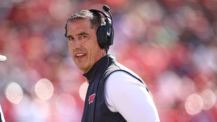 Oct 12, 2024; Piscataway, New Jersey, USA; Wisconsin Badgers head coach Luke Fickell looks on during the first half against the Rutgers Scarlet Knights at SHI Stadium. Mandatory Credit: Vincent Carchietta-Imagn Images