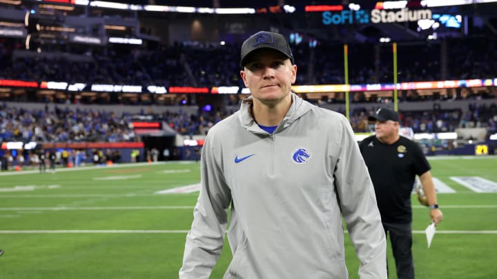 Dec 16, 2023; Inglewood, CA, USA; Boise State Broncos head coach Spencer Danielson walks off the field after defeated by UCLA Bruins 35-22 during the LA Bowl at SoFi Stadium. Mandatory Credit: Kiyoshi Mio-USA TODAY Sports