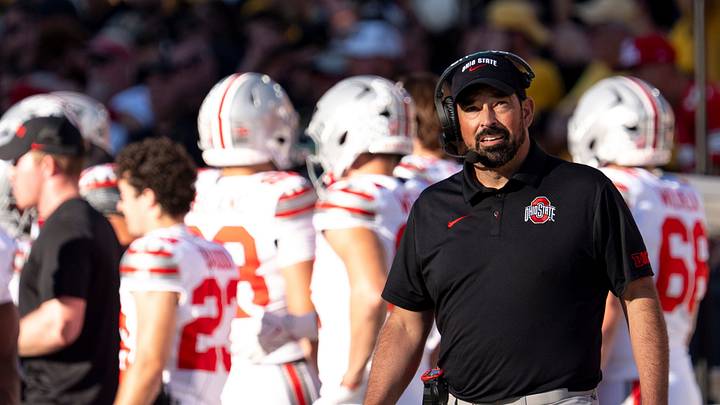 Ohio State Buckeyes head coach Ryan Day is pictured during a Big Ten college football game against the Iowa Hawkeyes Oct. 3, 2026 at Kinnick Stadium in Iowa City, Iowa.