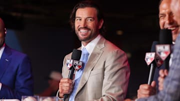 Jul 13, 2025; Atlanta, GA, USA; Tennessee Volunteers head coach Tony Vitello speaks with MLB Network during the MLB Draft at The Coca-Cola Roxy. Mandatory Credit: Brett Davis-Imagn Images