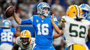 Detroit Lions quarterback Jared Goff (16) makes a pass against Green Bay Packers during the second half at Ford Field in Detroit on Thursday, Dec. 5, 2024.