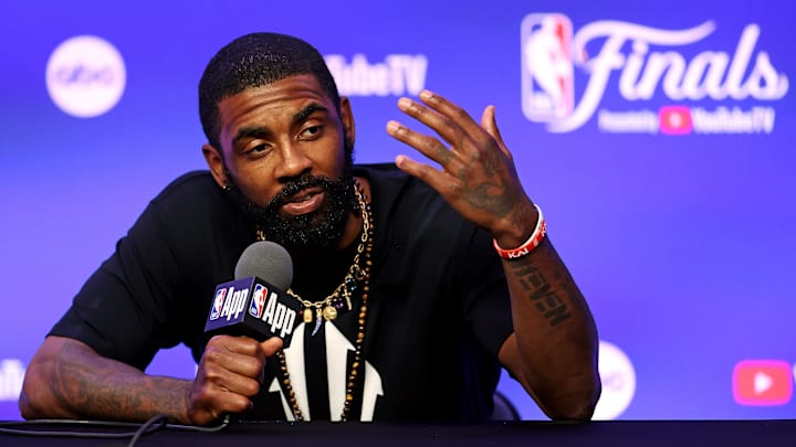 Jun 5, 2024; Boston, MA, USA;  Dallas Mavericks guard Kyrie Irving (11) during the NBA Finals Media Day at TD Garden. Mandatory Credit: Peter Casey-Imagn Images