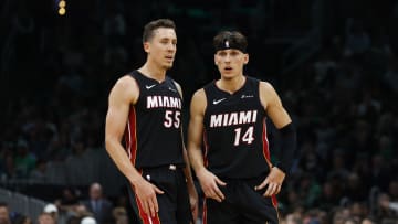 Oct 27, 2023; Boston, Massachusetts, USA; Miami Heat forward Duncan Robinson (55) and guard Tyler Herro (14) during the second half against the Boston Celtics at TD Garden. Mandatory Credit: Winslow Townson-USA TODAY Sports