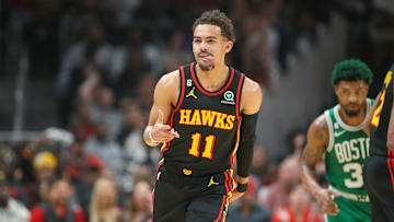 Trae Young reacts after a three-pointer against the Boston Celtics in the first quarter during game six of the 2023 NBA playoffs