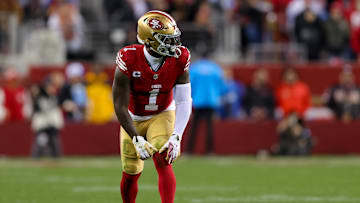 Dec 30, 2024; Santa Clara, California, USA; San Francisco 49ers wide receiver Deebo Samuel Sr. (1) during the game against the Detroit Lions at Levi's Stadium. Mandatory Credit: Sergio Estrada-Imagn Images