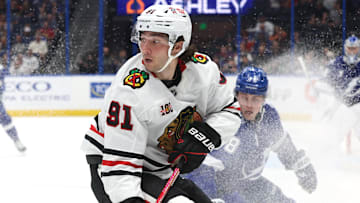 Oct 23, 2025; Tampa, Florida, USA; Chicago Blackhawks center Frank Nazar (91) skate against the Tampa Bay Lightning during the second period at Benchmark International Arena. Mandatory Credit: Kim Klement Neitzel-Imagn Images