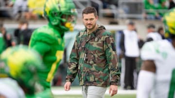 Oregon head coach Dan Lanning walks the field during the Oregon Ducks’ Spring Game Saturday, April 27. 2024 at Autzen Stadium in Eugene, Ore.