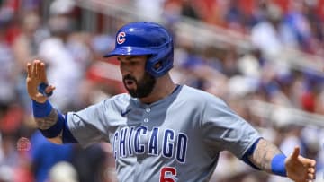 Jul 14, 2024; St. Louis, Missouri, USA;  Chicago Cubs catcher Tomas Nido (6) reacts as he runs the bases after hitting a solo home run against the St. Louis Cardinals during the fifth inning at Busch Stadium. 
