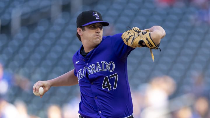 Jun 11, 2024; Minneapolis, Minnesota, USA; Colorado Rockies starting pitcher Cal Quantrill (47) delivers a pitch against the Minnesota Twins in the first inning at Target Field. Mandatory Credit: Jesse Johnson-USA TODAY Sports