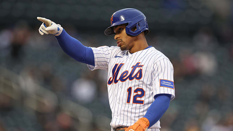 Sep 27, 2023; New York City, New York, USA; New York Mets shortstop Francisco Lindor (12) reacts