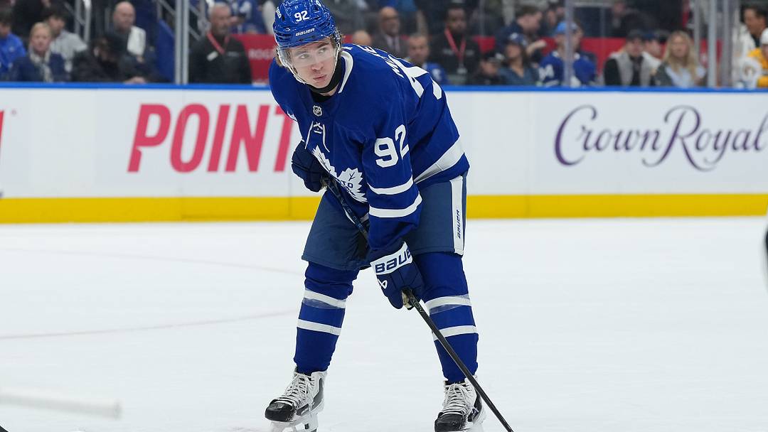 Oct 6, 2026; Toronto, Ontario, CAN;  Toronto Maple Leafs left wing Gavin McKenna (92) waits for the faceoff against the Nashville Predators during the first period at Scotiabank Arena.  Mandatory Credit: Nick Turchiaro-Imagn Images