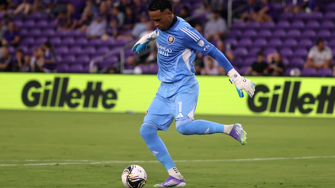 Aug 6, 2025; Orlando, FL, USA; Orlando City goalkeeper Pedro Gallese (1) against Club Necaxa during the first half at Inter&Co Stadium. Mandatory Credit: Kim Klement Neitzel-Imagn Images