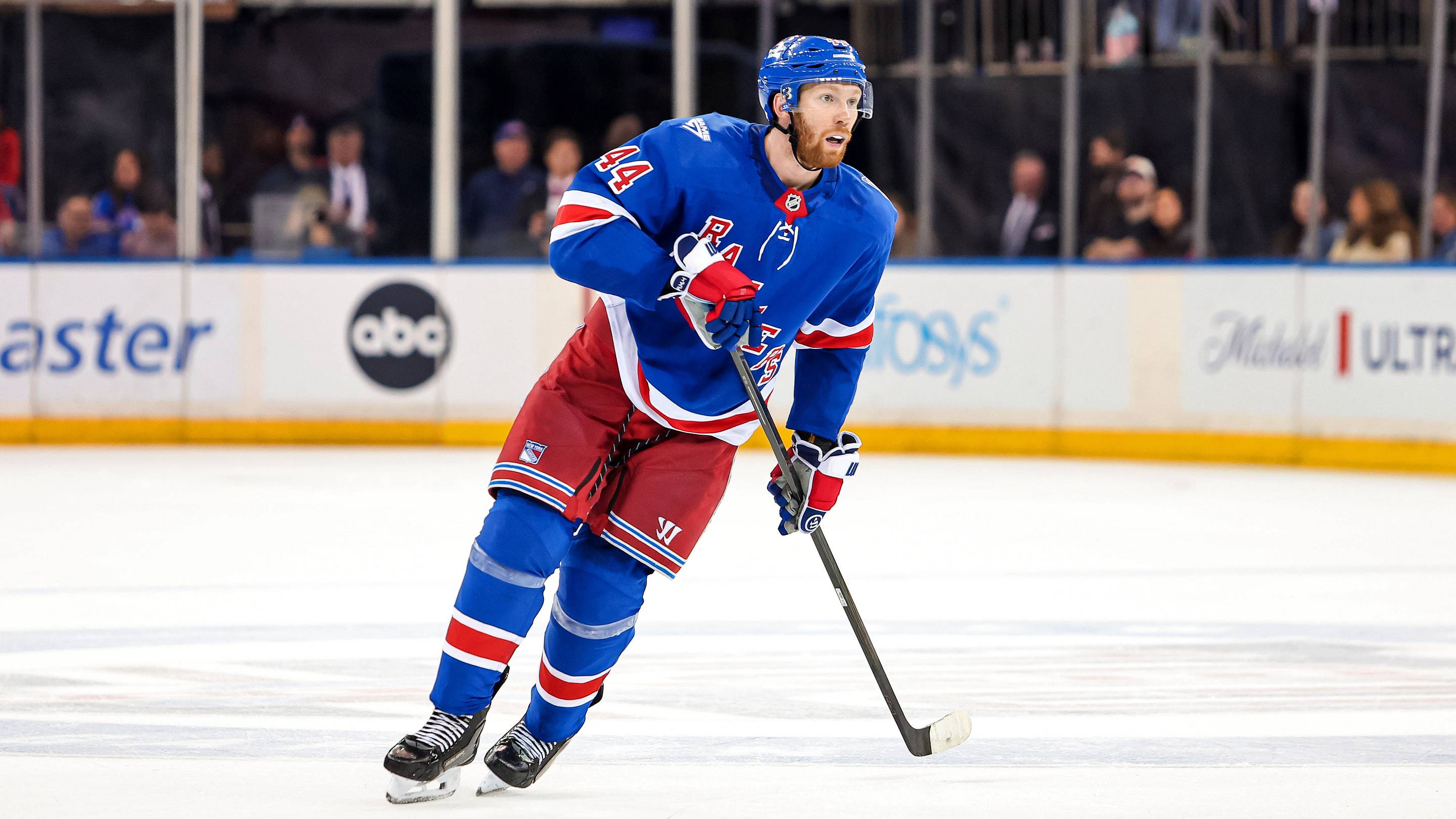 Apr 4, 2026; New York, New York, USA; New York Rangers defenseman Vladislav Gavrikov (44) skates against the Detroit Red Wings during the second period at Madison Square Garden. Mandatory Credit: Danny Wild-Imagn Images