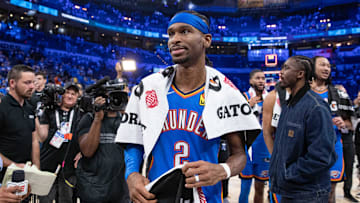 Oklahoma City Thunder guard Shai Gilgeous-Alexander (2) walks off the court after his team defeated the Denver Nuggets in game seven of the second round for the 2025 NBA Playoffs at Paycom Center. Mandatory Credit: Alonzo Adams-Imagn Images