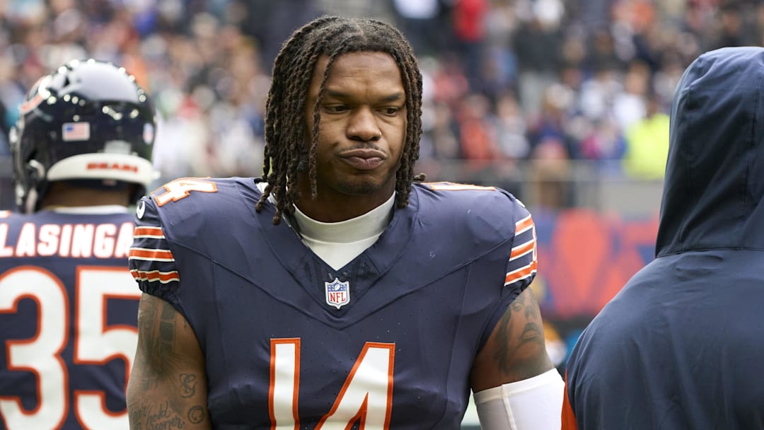 Oct 13, 2024; London, United Kingdom; Chicago Bears tight end Gerald Everett (14) during an NFL International Series game at Tottenham Hotspur Stadium.