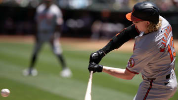 Baltimore Orioles left fielder Heston Kjerstad (13) hits a three-run home run against the Oakland Athletics during the first inning at Oakland-Alameda County Coliseum.