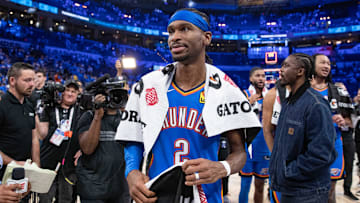 May 18, 2025; Oklahoma City, Oklahoma, USA; Oklahoma City Thunder guard Shai Gilgeous-Alexander (2) walks off the court after his team defeated the Denver Nuggets in game seven of the second round for the 2025 NBA Playoffs at Paycom Center. Mandatory Credit: Alonzo Adams-Imagn Images