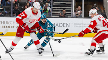 Nov 18, 2024; San Jose, California, USA; Detroit Red Wings defenseman Simon Edvinsson (77) and San Jose Sharks center Will Smith (2) fight for the puck during the second period at SAP Center at San Jose. Mandatory Credit: Bob Kupbens-Imagn Images