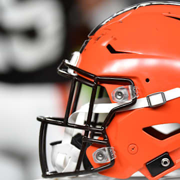 Aug 17, 2023; Philadelphia, Pennsylvania, USA; Cleveland Browns helmet on the sidelines against the Philadelphia Eagles during the second quarter at Lincoln Financial Field. Mandatory Credit: Eric Hartline-Imagn Images