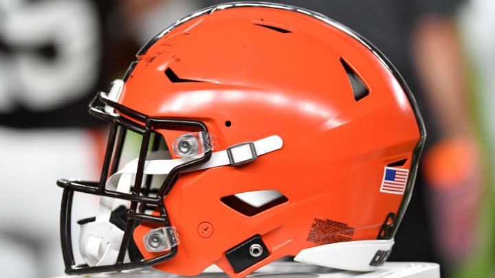 Aug 17, 2023; Philadelphia, Pennsylvania, USA; Cleveland Browns helmet on the sidelines against the Philadelphia Eagles during the second quarter at Lincoln Financial Field.