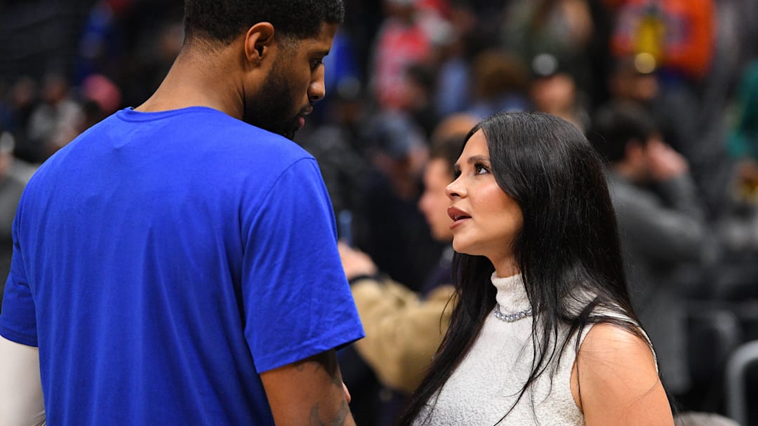 Paul George talking to his wife Daniela George when she wente by her maiden name, Daniela Rajic.