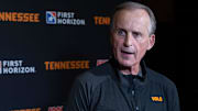 University of Tennessee Volunteers men's basketball head coach Rick Barnes speaks with members of the media during the Nashville stop for University of Tennessee's 2025 Big Orange Caravan event Wednesday, April 30, 2025 at GEODIS Park.