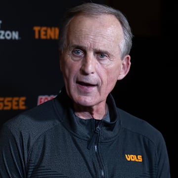 University of Tennessee Volunteers men's basketball head coach Rick Barnes speaks with members of the media during the Nashville stop for University of Tennessee's 2025 Big Orange Caravan event Wednesday, April 30, 2025 at GEODIS Park.